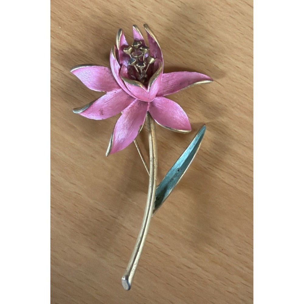 Vintage Park Lane Pink Enamel Tulip Flower Brooch Retro Pink Boho